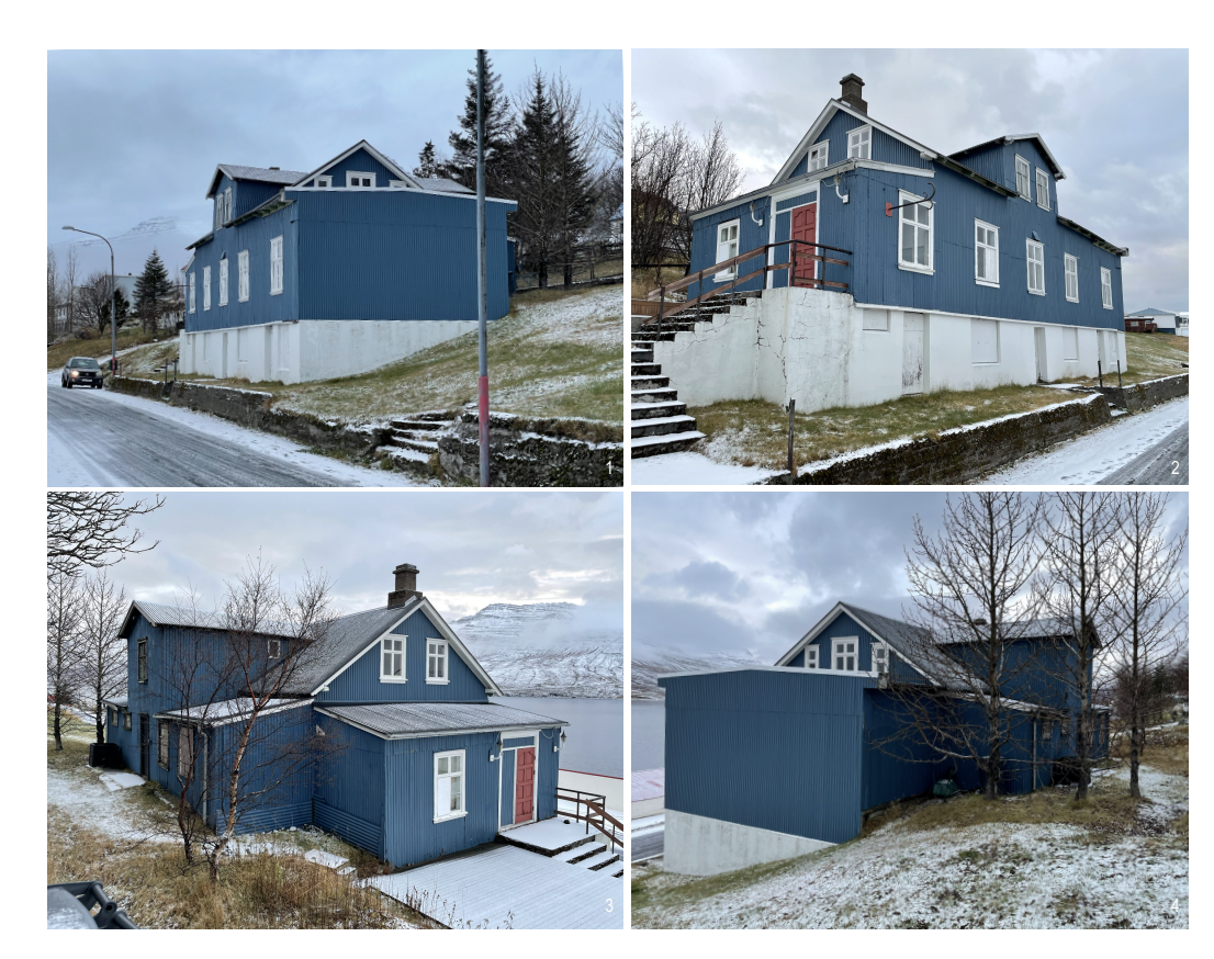 Four recent exterior views of the blue Templarinn building in winter