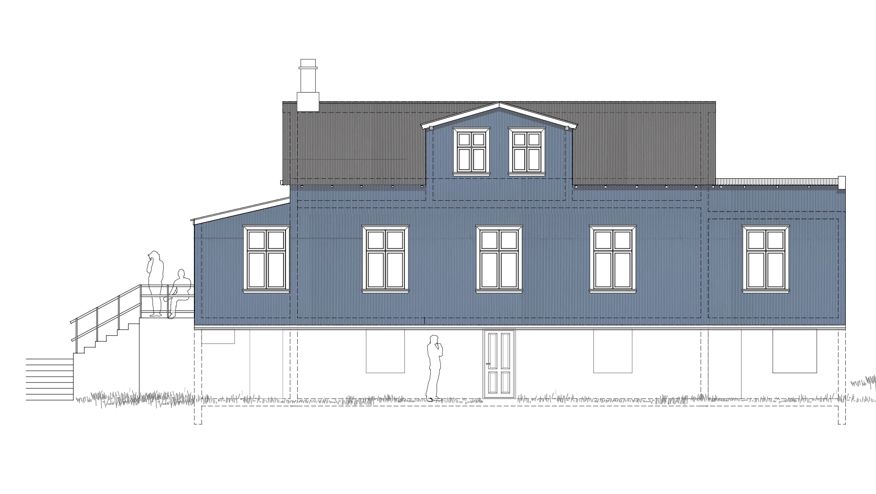 Architectural elevation drawing of Templarinn showing the blue timber facade